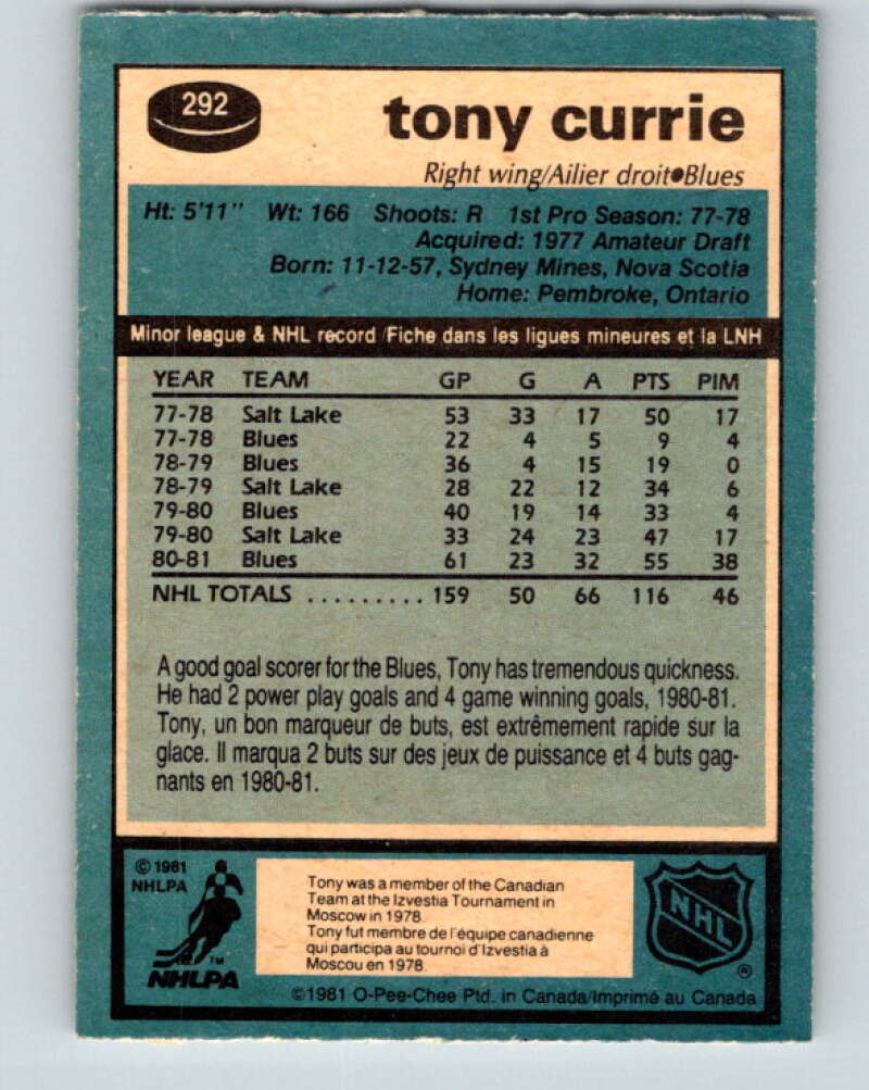 1981-82 O-Pee-Chee #292 Tony Currie  St. Louis Blues  V31547