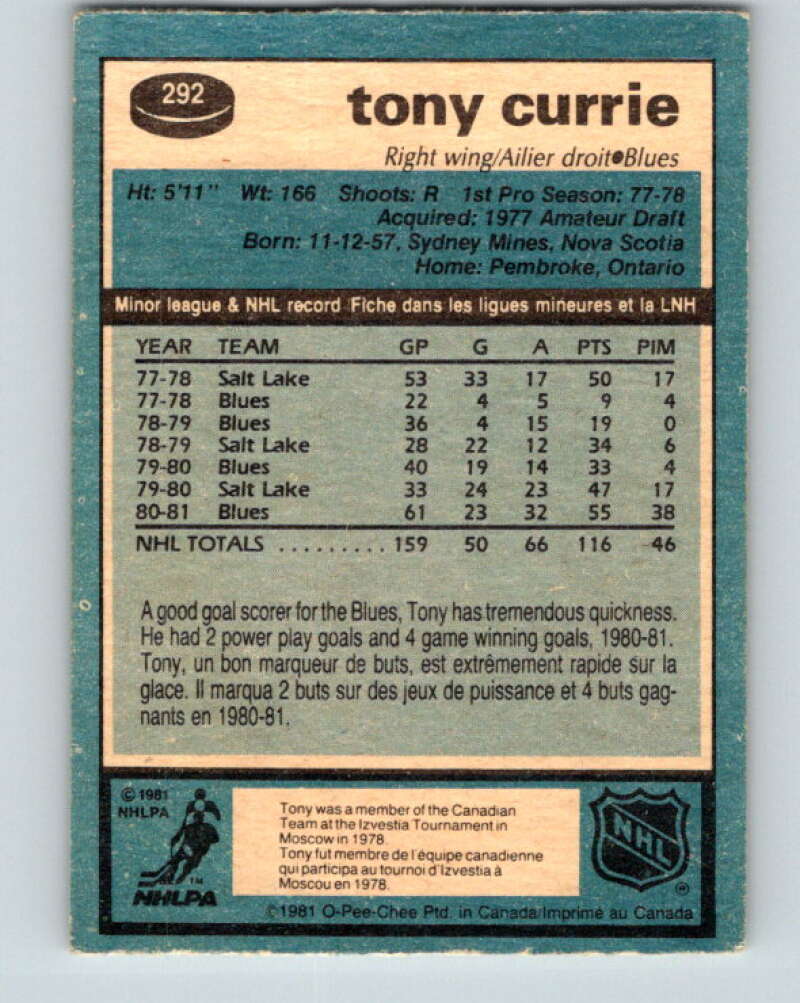 1981-82 O-Pee-Chee #292 Tony Currie  St. Louis Blues  V31552