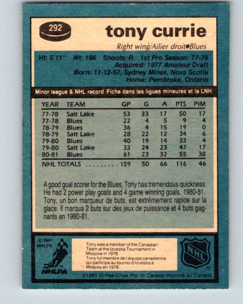 1981-82 O-Pee-Chee #292 Tony Currie  St. Louis Blues  V31553