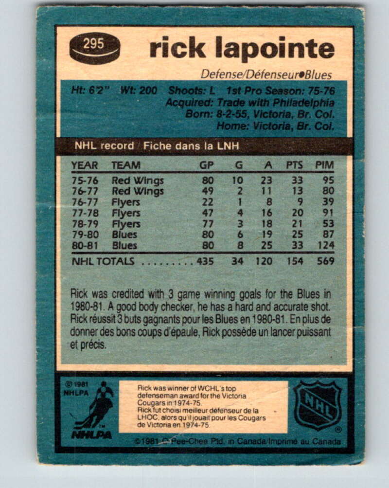 1981-82 O-Pee-Chee #295 Rick Lapointe  St. Louis Blues  V31566
