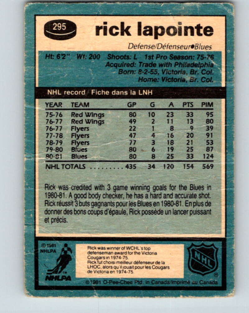 1981-82 O-Pee-Chee #295 Rick Lapointe  St. Louis Blues  V31567