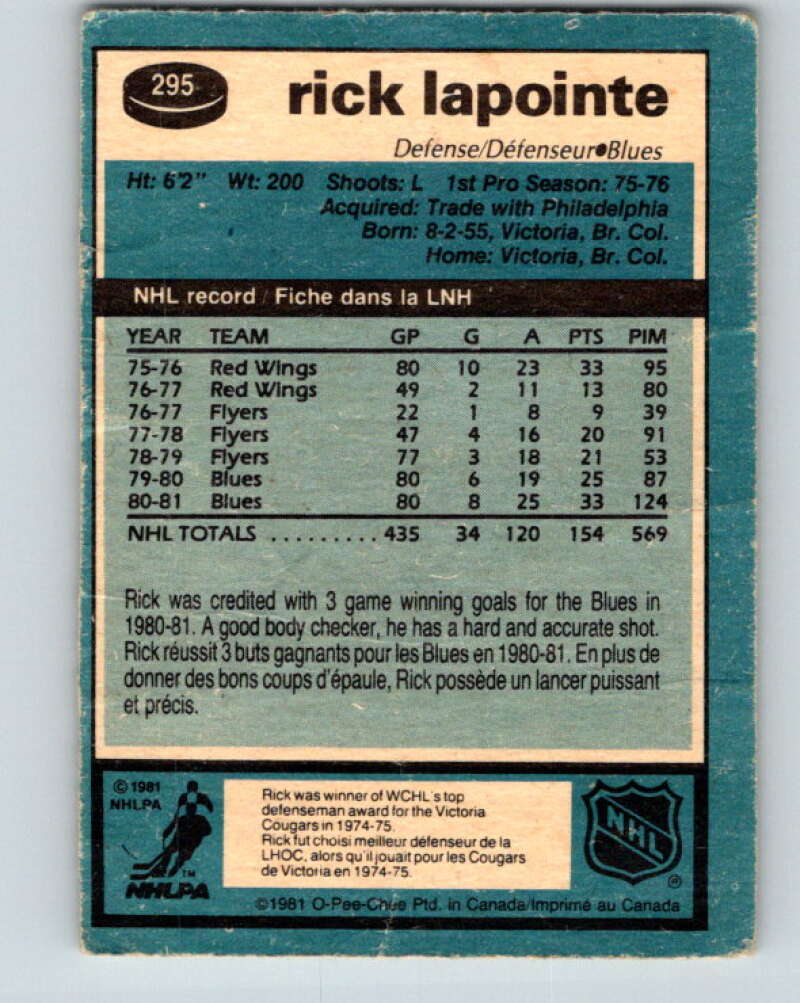 1981-82 O-Pee-Chee #295 Rick Lapointe  St. Louis Blues  V31568