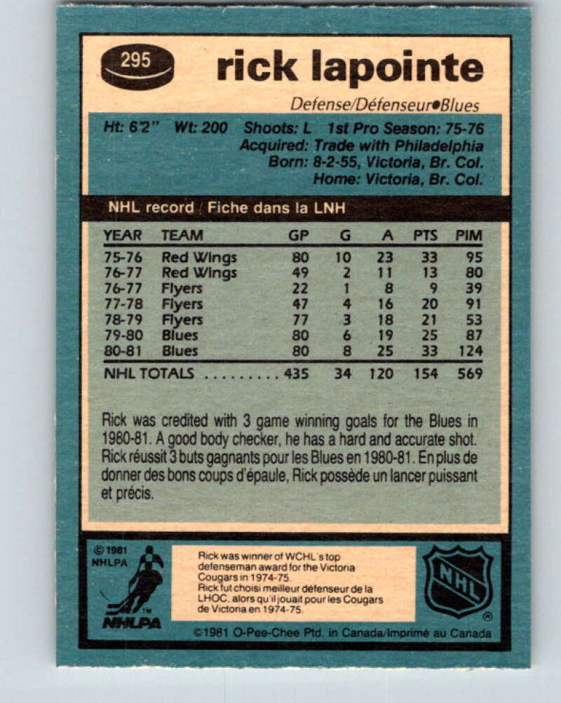 1981-82 O-Pee-Chee #295 Rick Lapointe  St. Louis Blues  V31569