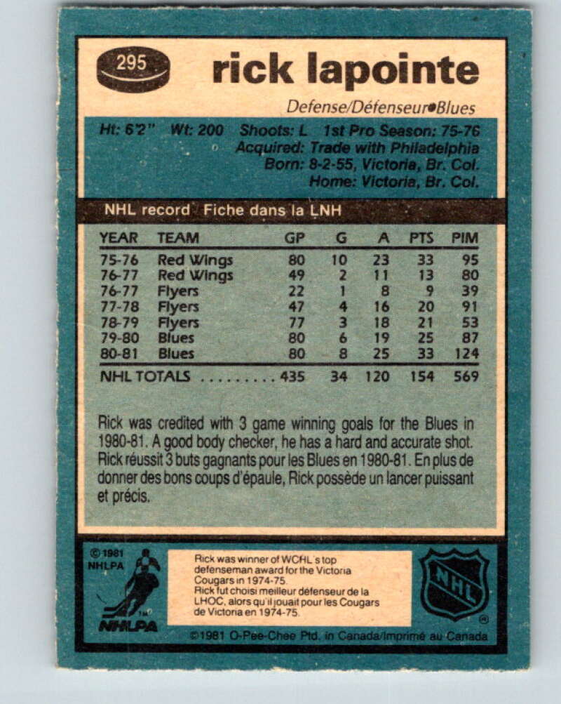1981-82 O-Pee-Chee #295 Rick Lapointe  St. Louis Blues  V31570