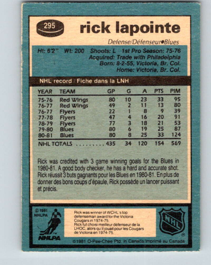 1981-82 O-Pee-Chee #295 Rick Lapointe  St. Louis Blues  V31571