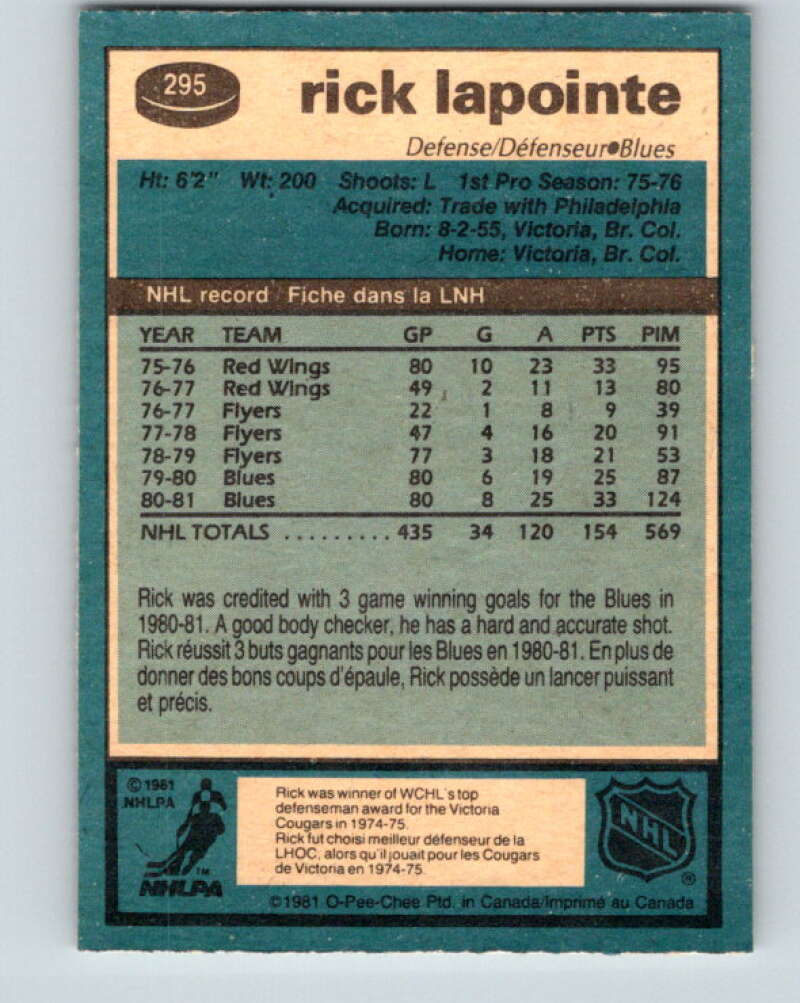 1981-82 O-Pee-Chee #295 Rick Lapointe  St. Louis Blues  V31572