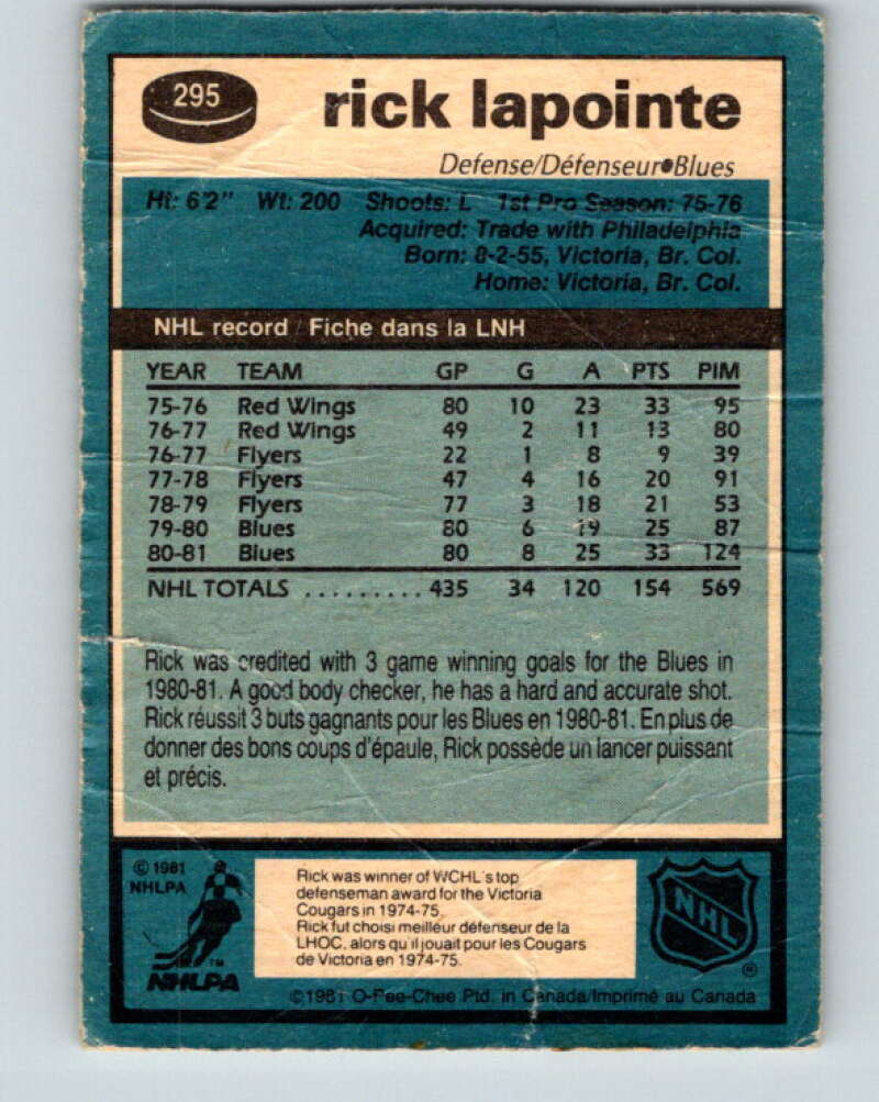 1981-82 O-Pee-Chee #295 Rick Lapointe  St. Louis Blues  V31574