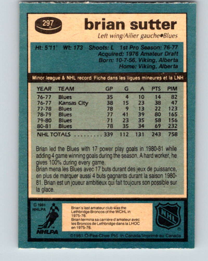 1981-82 O-Pee-Chee #297 Brian Sutter  St. Louis Blues  V31586