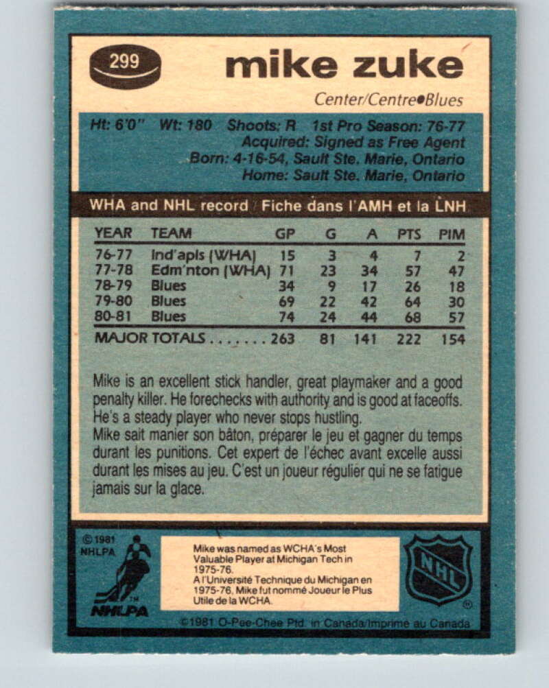 1981-82 O-Pee-Chee #299 Mike Zuke  St. Louis Blues  V31602