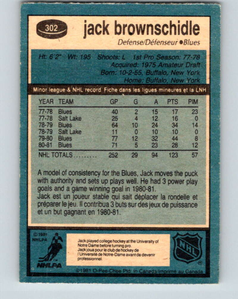 1981-82 O-Pee-Chee #302 Jack Brownschidle  St. Louis Blues  V31620