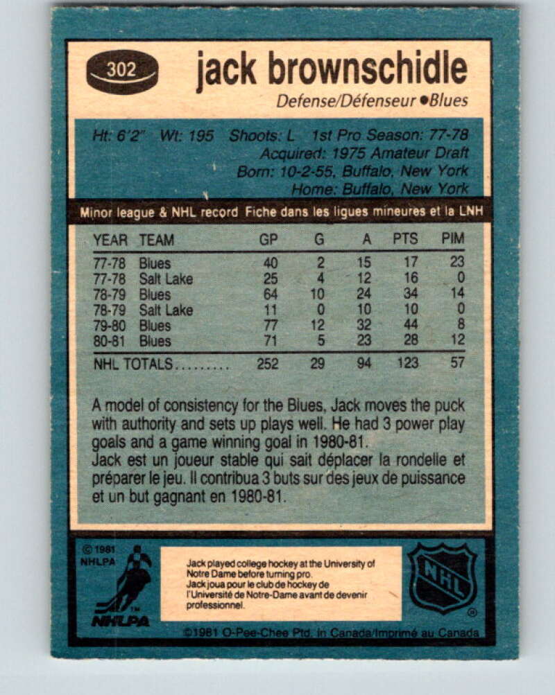 1981-82 O-Pee-Chee #302 Jack Brownschidle  St. Louis Blues  V31621