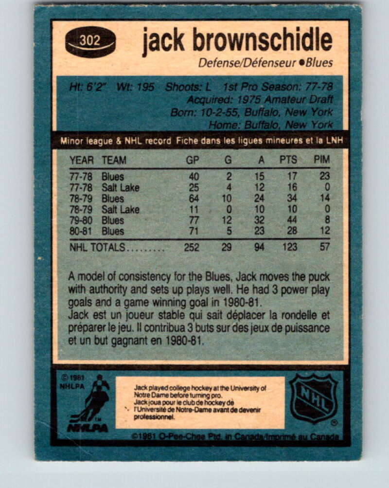 1981-82 O-Pee-Chee #302 Jack Brownschidle  St. Louis Blues  V31622