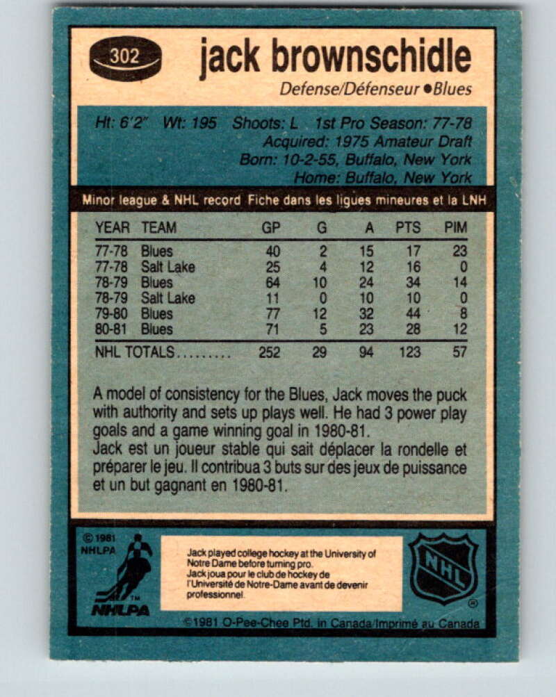 1981-82 O-Pee-Chee #302 Jack Brownschidle  St. Louis Blues  V31624