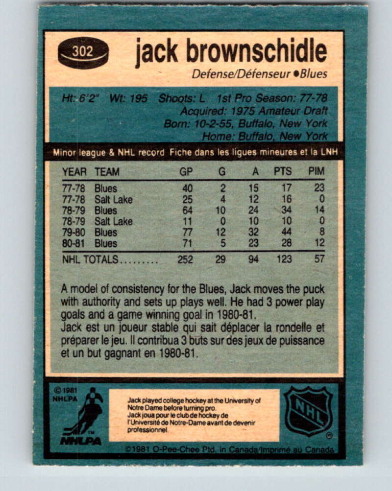 1981-82 O-Pee-Chee #302 Jack Brownschidle  St. Louis Blues  V31625