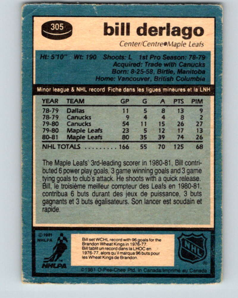 1981-82 O-Pee-Chee #305 Bill Derlago  Toronto Maple Leafs  V31642