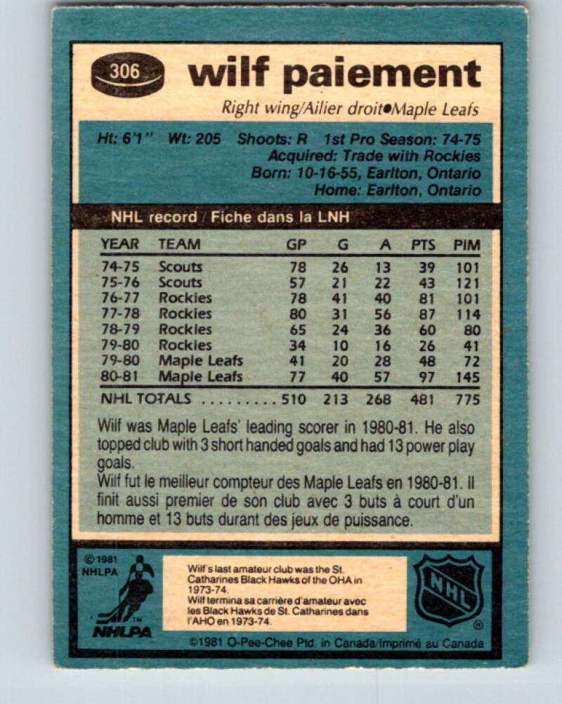 1981-82 O-Pee-Chee #306 Wilf Paiement  Toronto Maple Leafs  V31645
