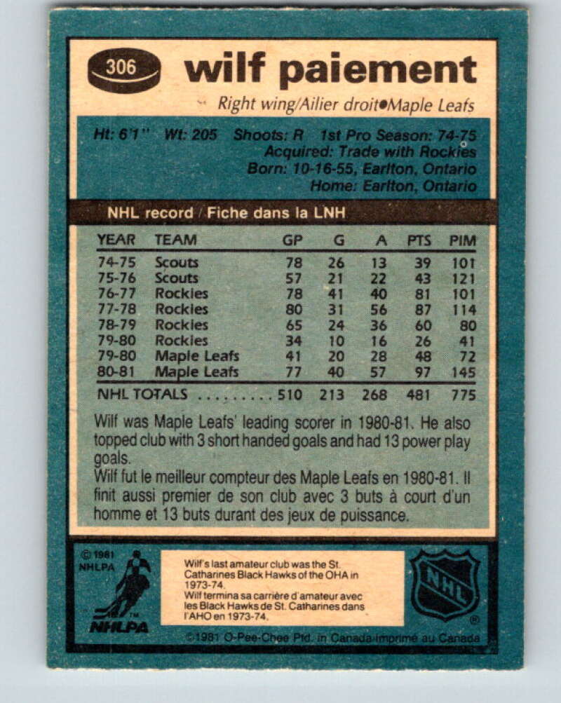 1981-82 O-Pee-Chee #306 Wilf Paiement  Toronto Maple Leafs  V31646