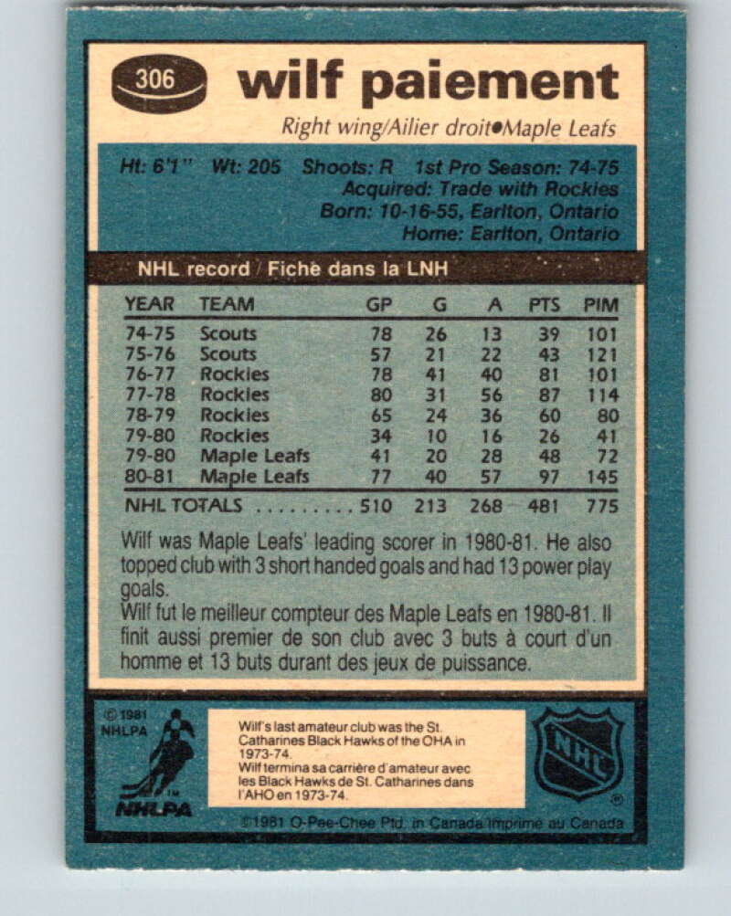 1981-82 O-Pee-Chee #306 Wilf Paiement  Toronto Maple Leafs  V31648