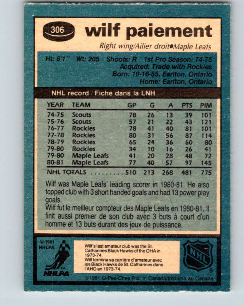 1981-82 O-Pee-Chee #306 Wilf Paiement  Toronto Maple Leafs  V31649