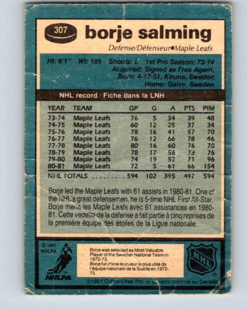 1981-82 O-Pee-Chee #307 Borje Salming  Toronto Maple Leafs  V31651