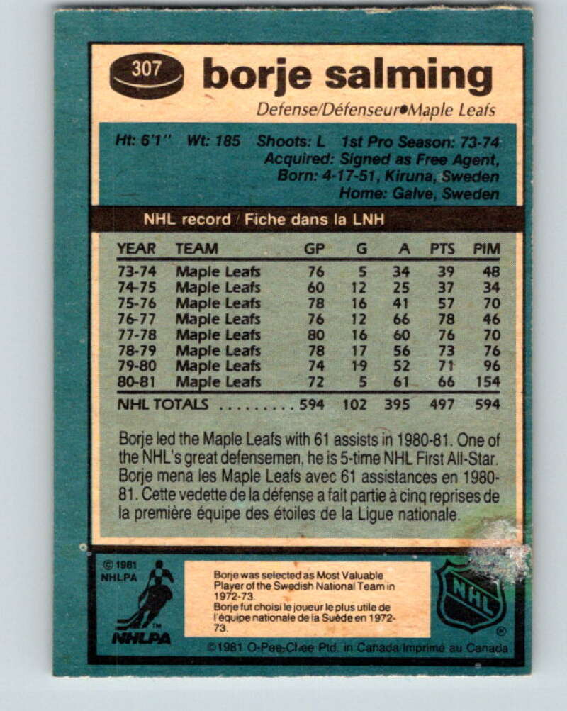 1981-82 O-Pee-Chee #307 Borje Salming  Toronto Maple Leafs  V31657