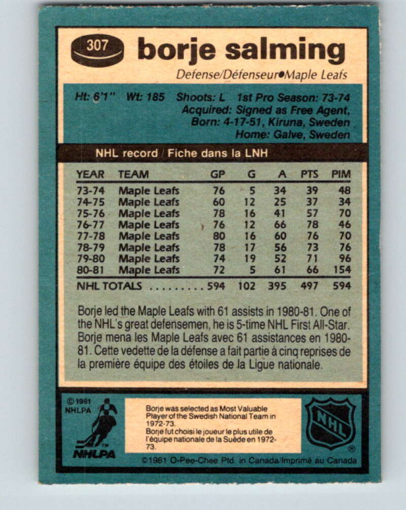 1981-82 O-Pee-Chee #307 Borje Salming  Toronto Maple Leafs  V31658