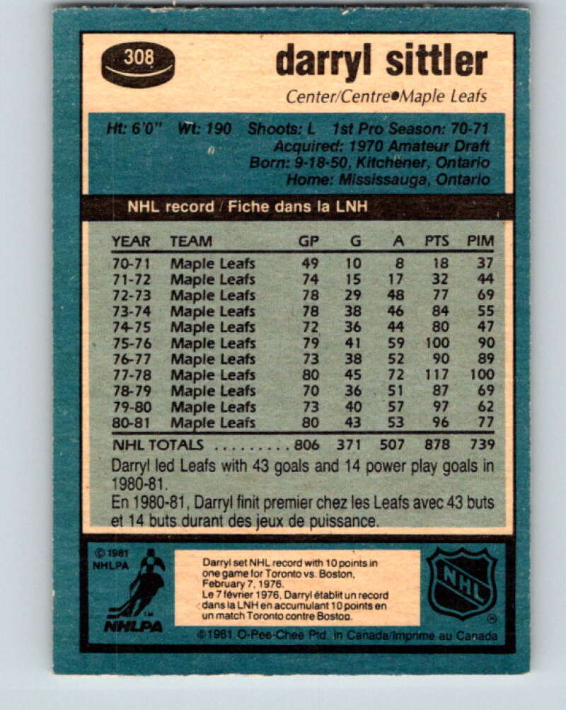 1981-82 O-Pee-Chee #308 Darryl Sittler  Toronto Maple Leafs  V31665