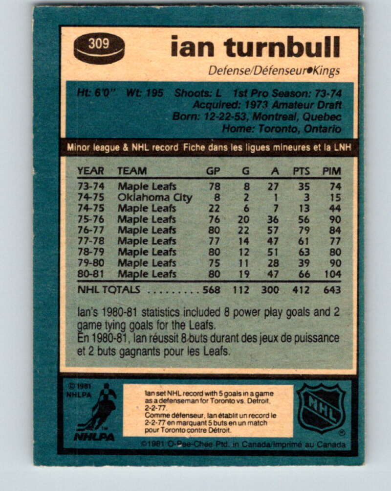 1981-82 O-Pee-Chee #309 Ian Turnbull  Los Angeles Kings  V31668