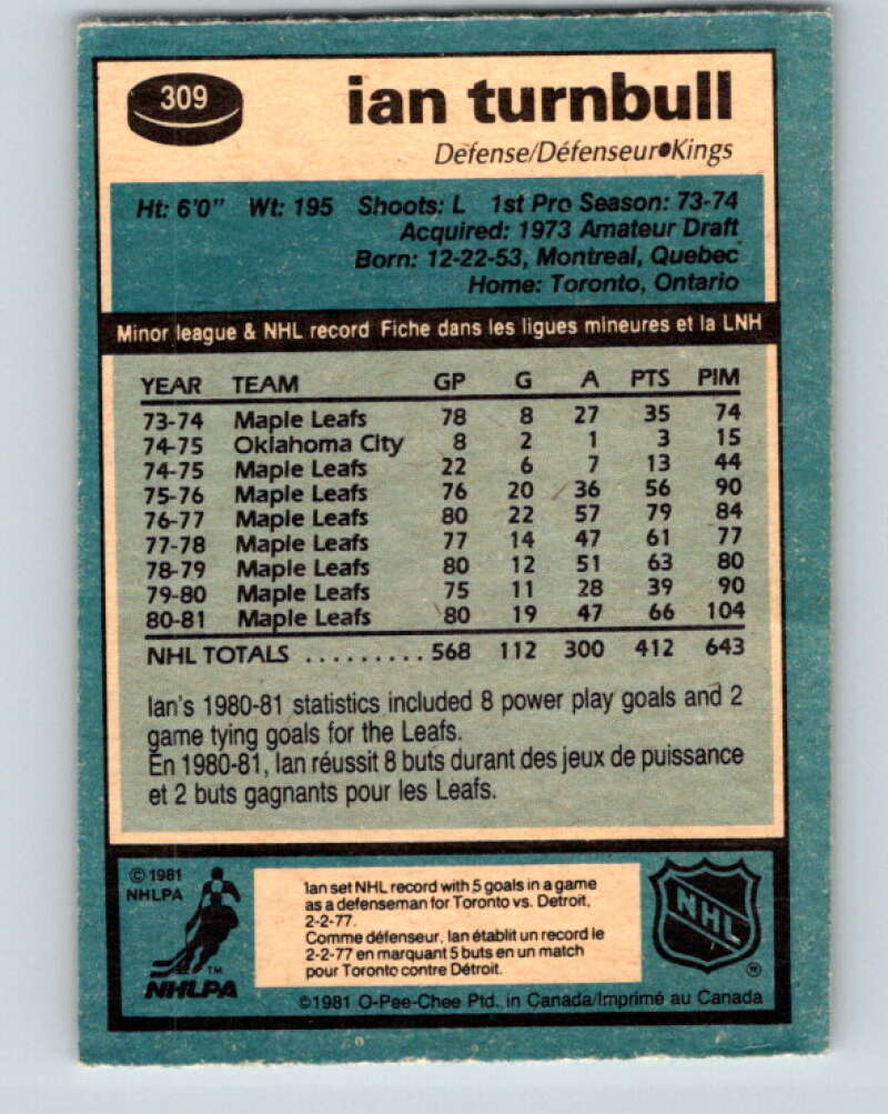 1981-82 O-Pee-Chee #309 Ian Turnbull  Los Angeles Kings  V31669