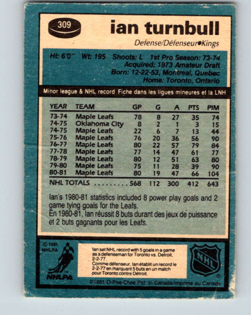 1981-82 O-Pee-Chee #309 Ian Turnbull  Los Angeles Kings  V31670