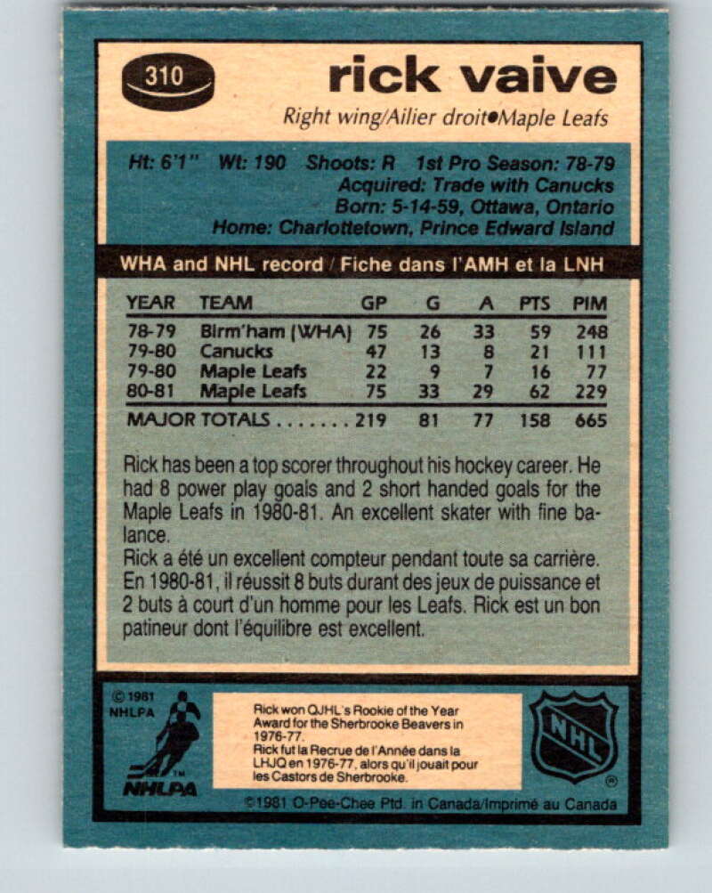 1981-82 O-Pee-Chee #310 Rick Vaive  Toronto Maple Leafs  V31680