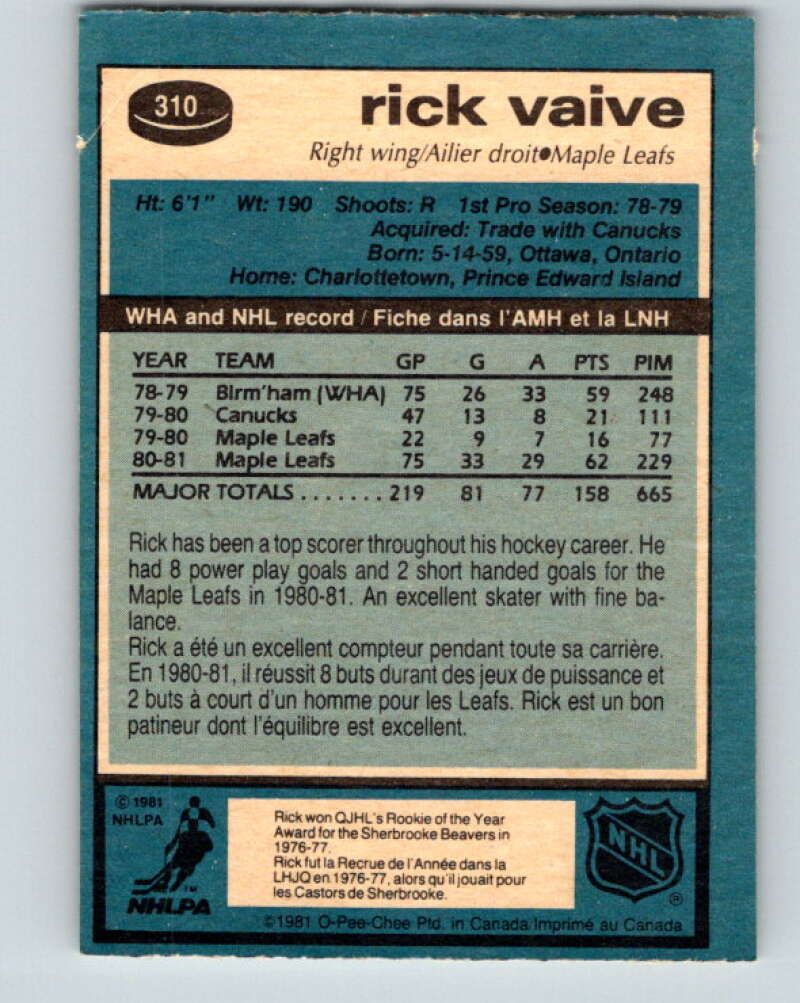 1981-82 O-Pee-Chee #310 Rick Vaive  Toronto Maple Leafs  V31681
