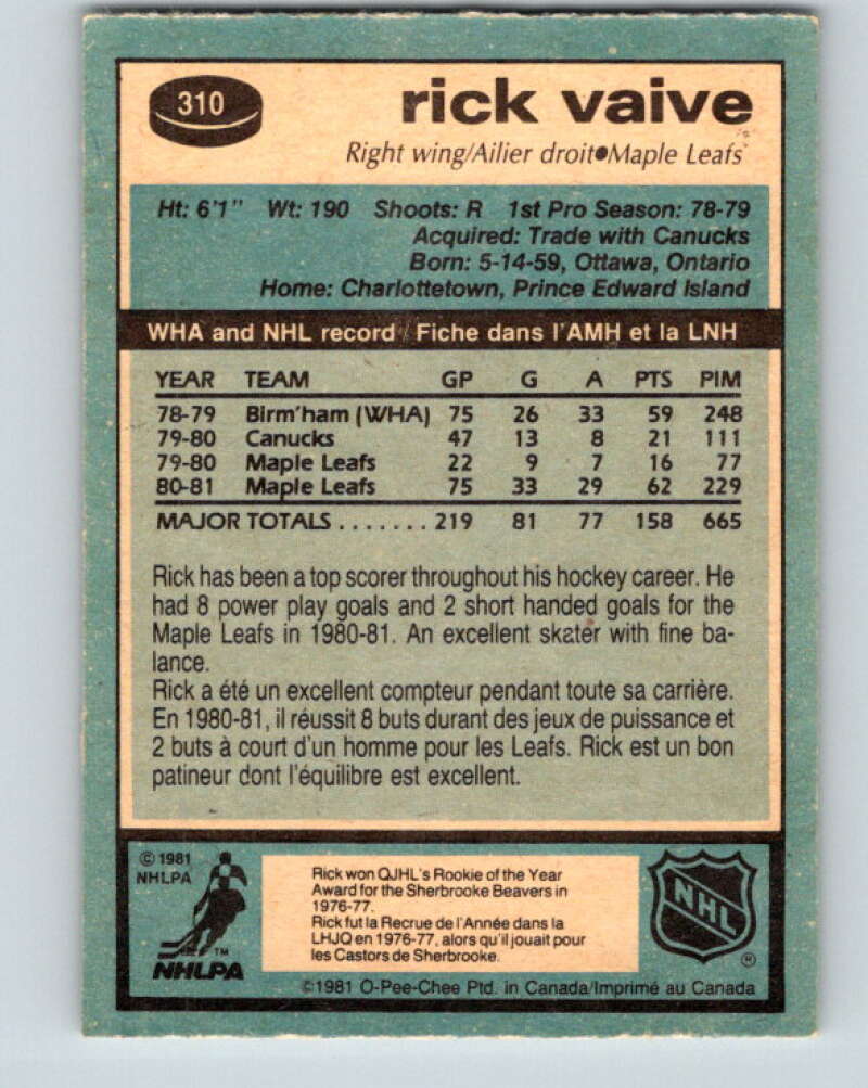 1981-82 O-Pee-Chee #310 Rick Vaive  Toronto Maple Leafs  V31685