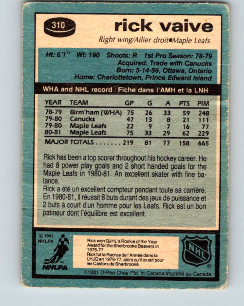 1981-82 O-Pee-Chee #310 Rick Vaive  Toronto Maple Leafs  V31686