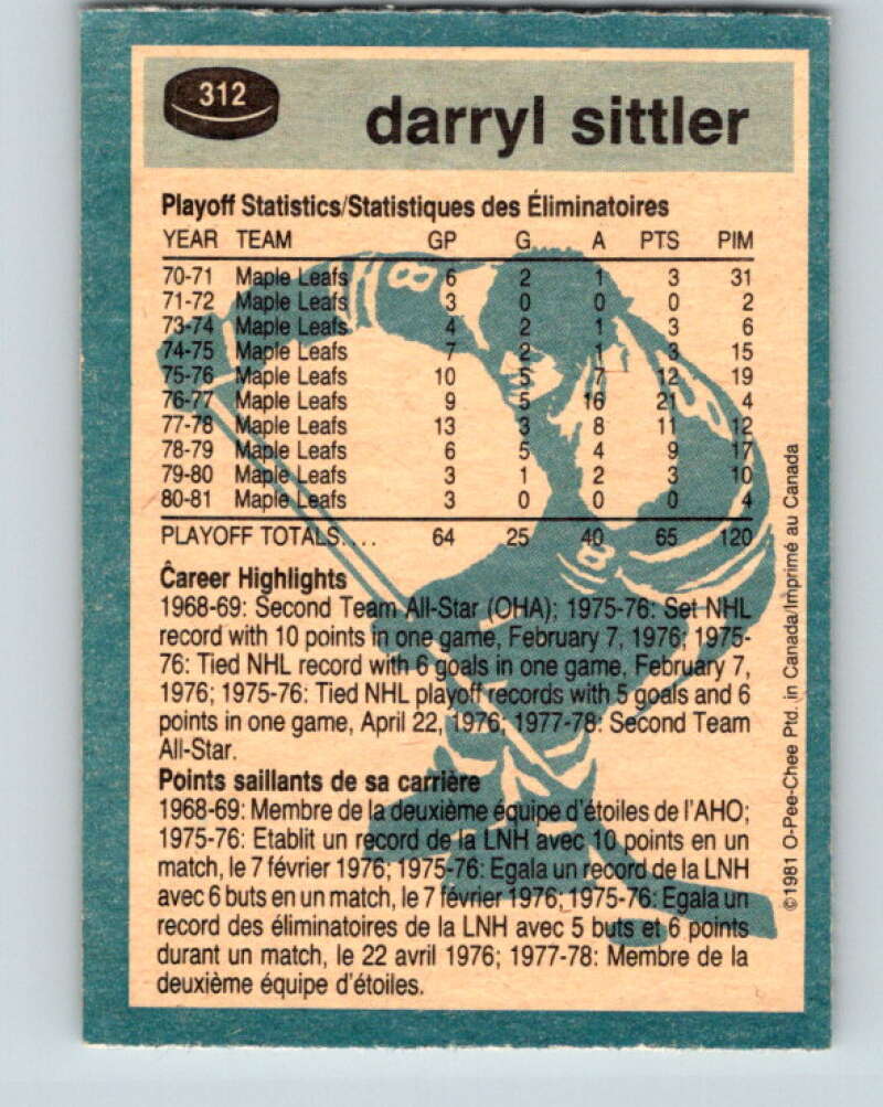1981-82 O-Pee-Chee #312 Darryl Sittler  Toronto Maple Leafs  V31694