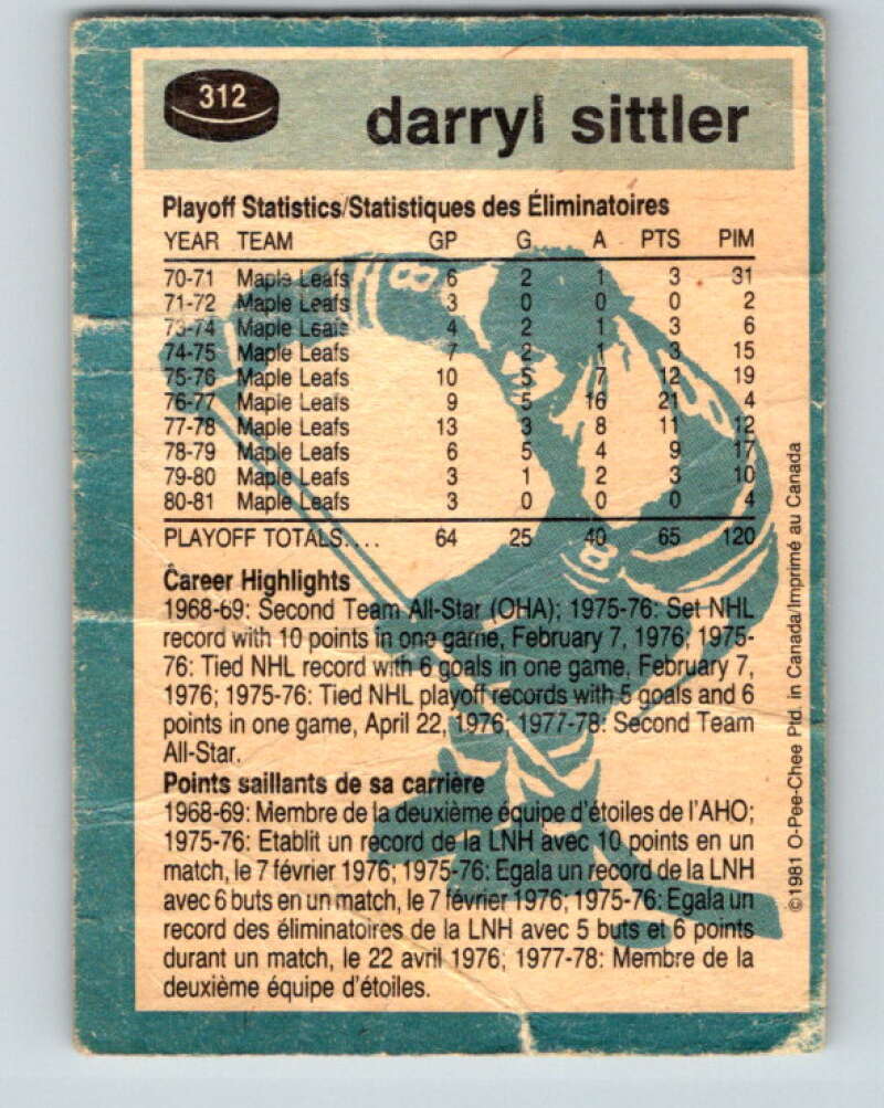 1981-82 O-Pee-Chee #312 Darryl Sittler  Toronto Maple Leafs  V31696