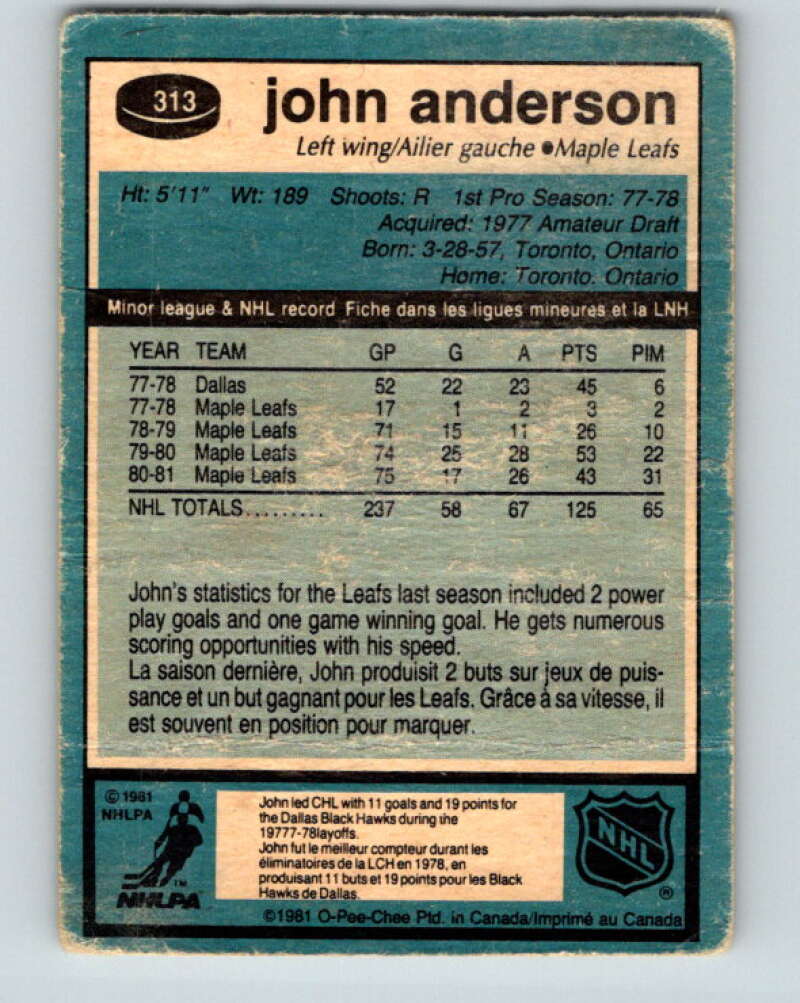 1981-82 O-Pee-Chee #313 John Anderson  Toronto Maple Leafs  V31702
