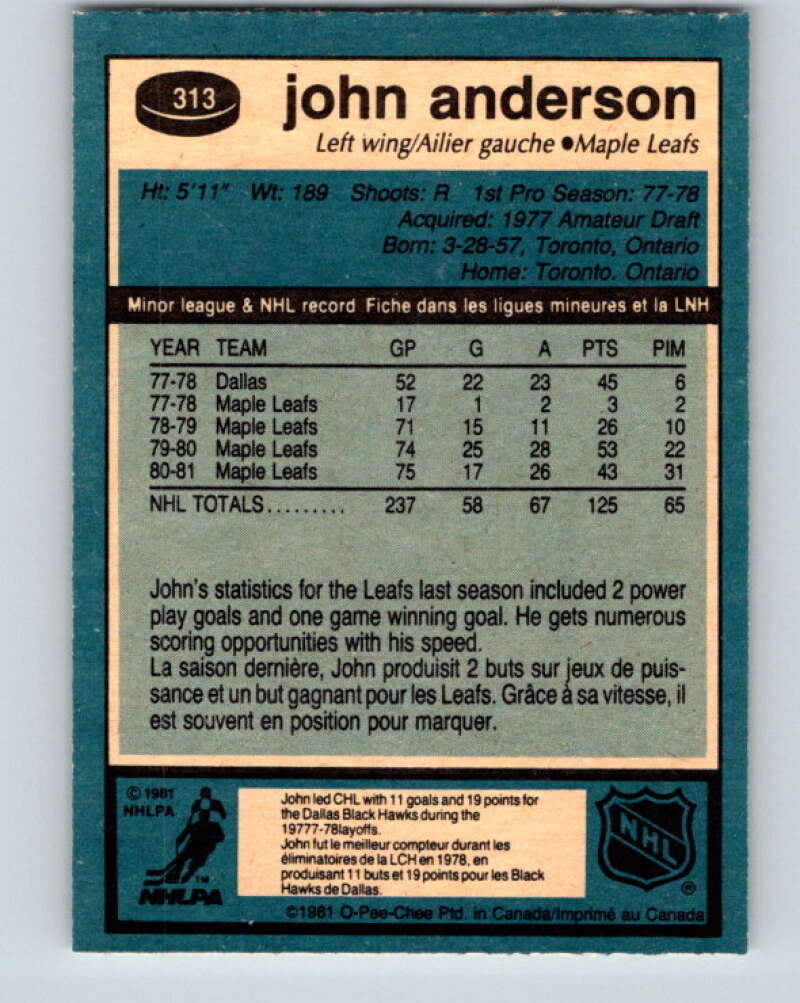 1981-82 O-Pee-Chee #313 John Anderson  Toronto Maple Leafs  V31706