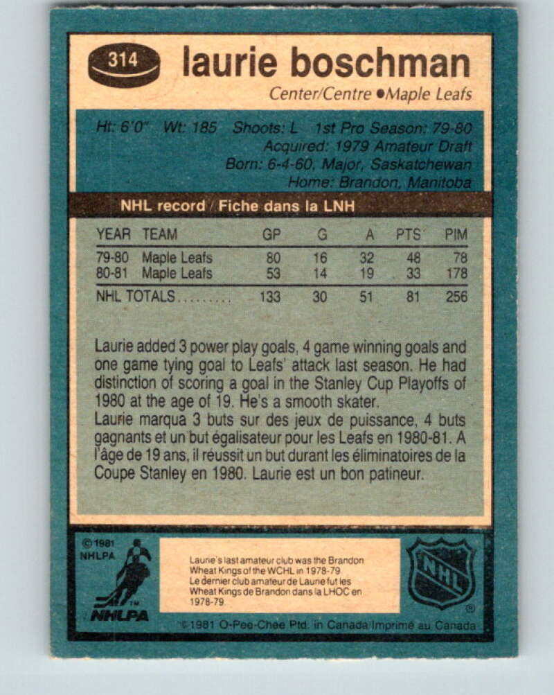 1981-82 O-Pee-Chee #314 Laurie Boschman  Toronto Maple Leafs  V31710