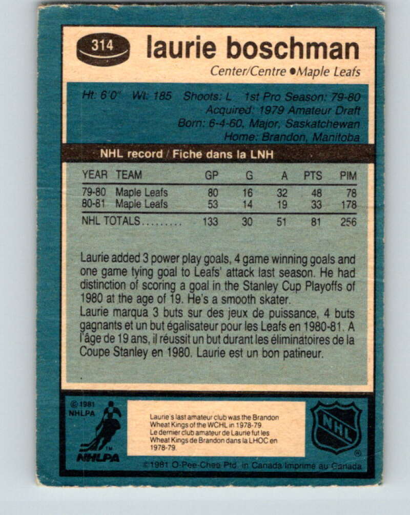 1981-82 O-Pee-Chee #314 Laurie Boschman  Toronto Maple Leafs  V31712