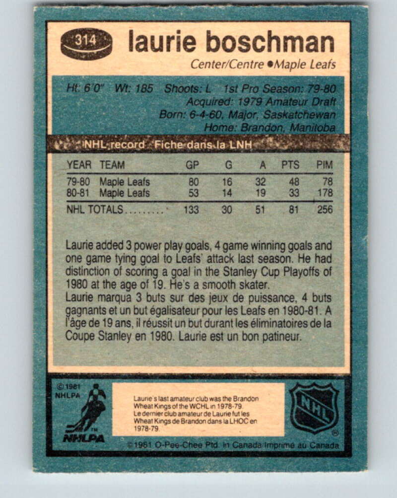 1981-82 O-Pee-Chee #314 Laurie Boschman  Toronto Maple Leafs  V31713