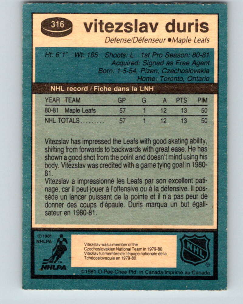 1981-82 O-Pee-Chee #316 Vitezslav Duris RC Rookie Maple Leafs  V31723