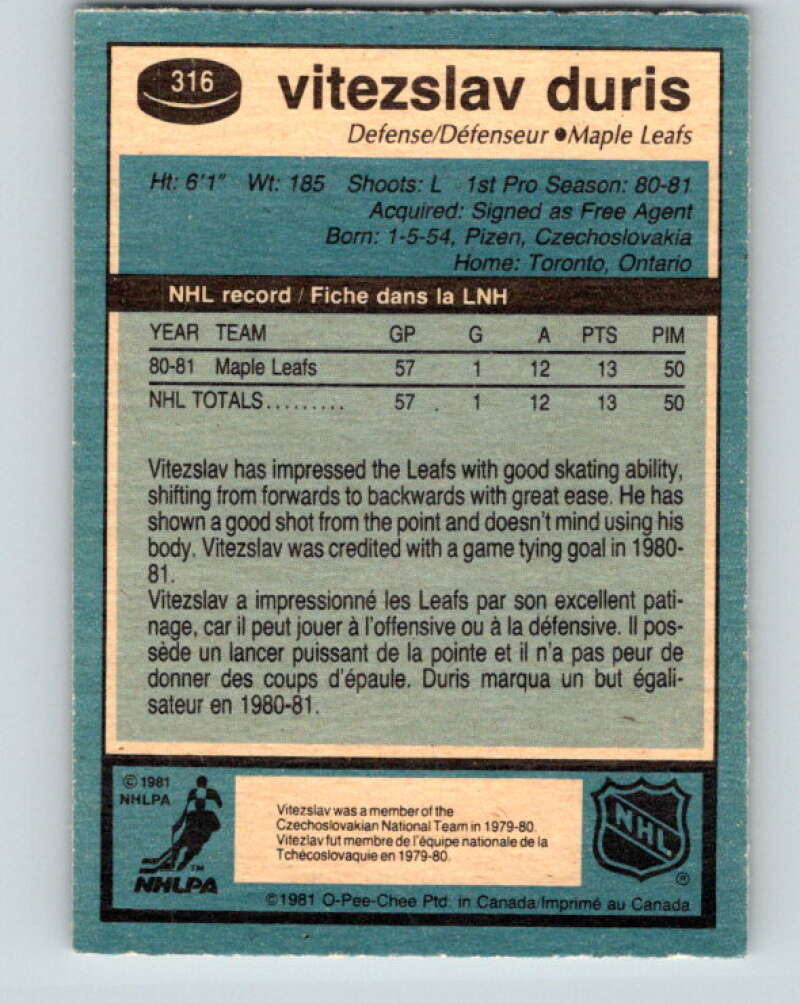 1981-82 O-Pee-Chee #316 Vitezslav Duris RC Rookie Maple Leafs  V31725