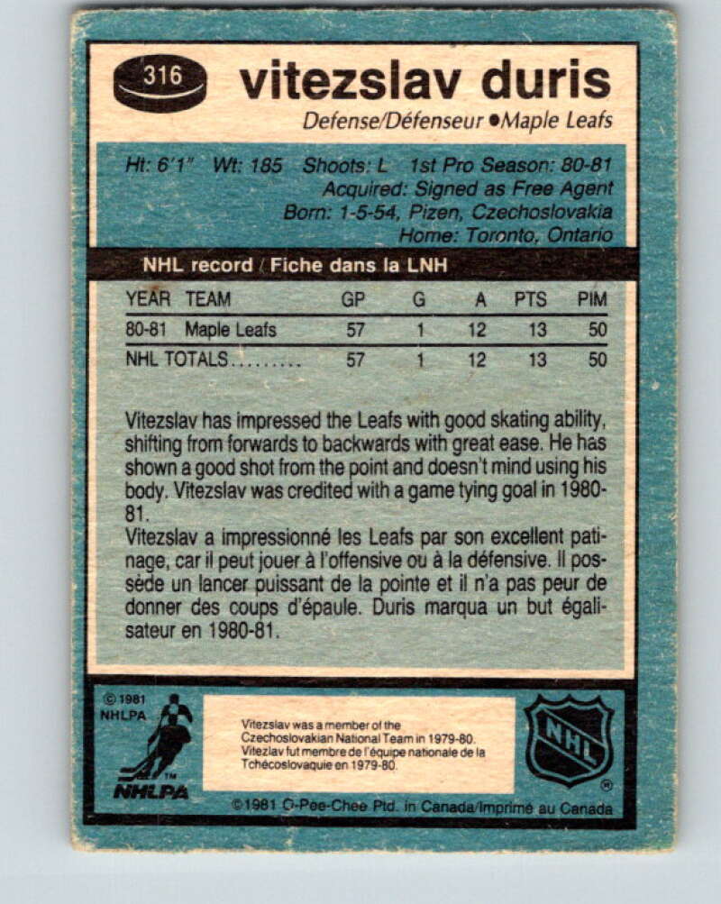 1981-82 O-Pee-Chee #316 Vitezslav Duris RC Rookie Maple Leafs  V31727