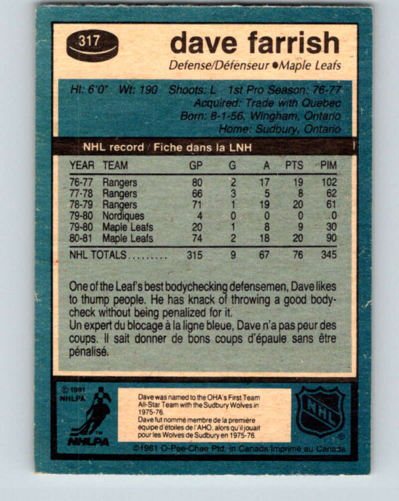 1981-82 O-Pee-Chee #317 Dave Farrish  Toronto Maple Leafs  V31733