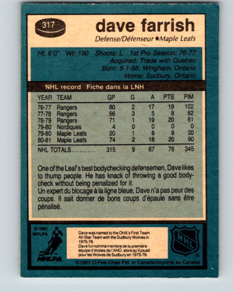 1981-82 O-Pee-Chee #317 Dave Farrish  Toronto Maple Leafs  V31734