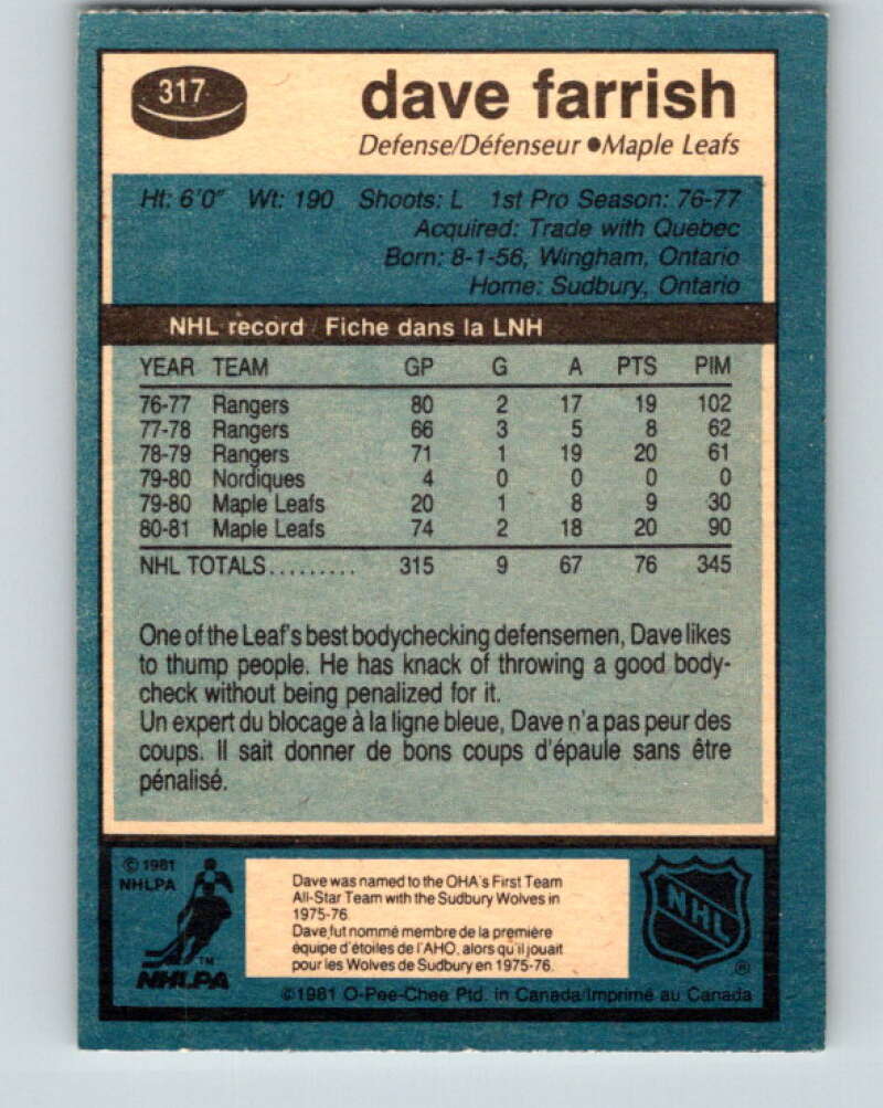 1981-82 O-Pee-Chee #317 Dave Farrish  Toronto Maple Leafs  V31735