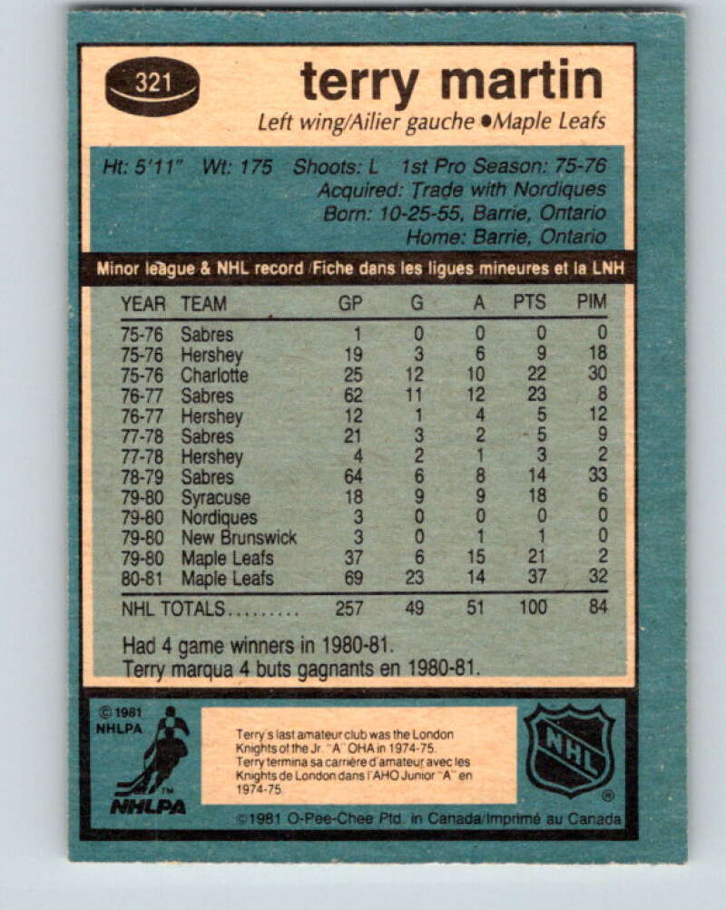 1981-82 O-Pee-Chee #321 Terry Martin  Toronto Maple Leafs  V31757