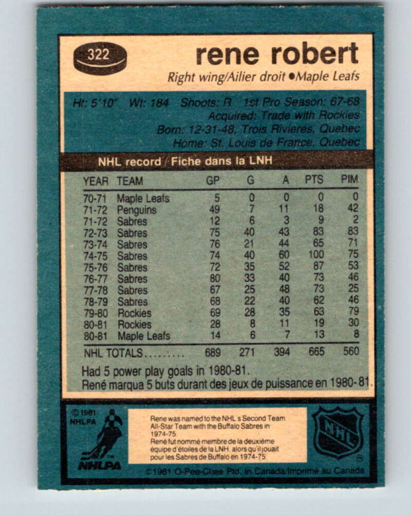 1981-82 O-Pee-Chee #322 Rene Robert  Toronto Maple Leafs  V31765