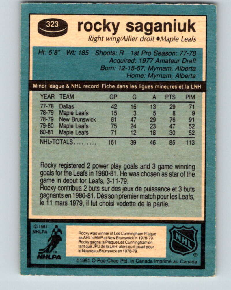 1981-82 O-Pee-Chee #323 Rocky Saganiuk  Toronto Maple Leafs  V31773